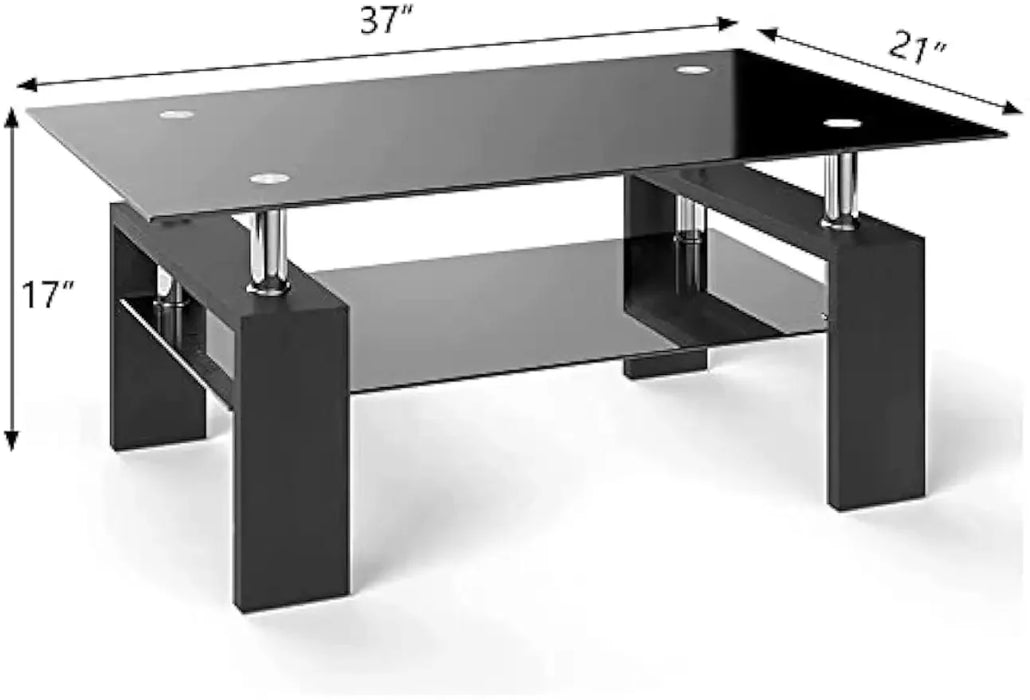 Comft Rectangle Side Glass Coffee Table, 2Tier Center Table Modern Black Side Coffee TableReception Room Office with Lower Shelf