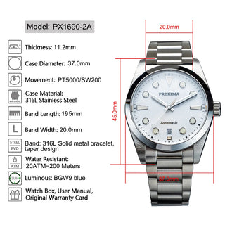 PX1690-2A 37MM Proxima Vintage Men Automatic Mechanical Watches PT5000 Sapphire Stainless Steel Enamel Dial 20Bar 2023 New