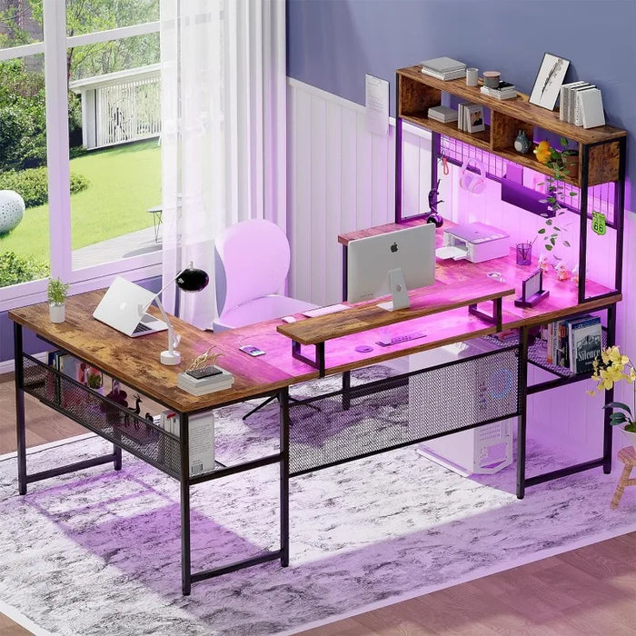 Reversible L Shaped Computer Desk with Power Outlets and LED Strip, Large Office Table with Monitor Stand and Storage Shelves