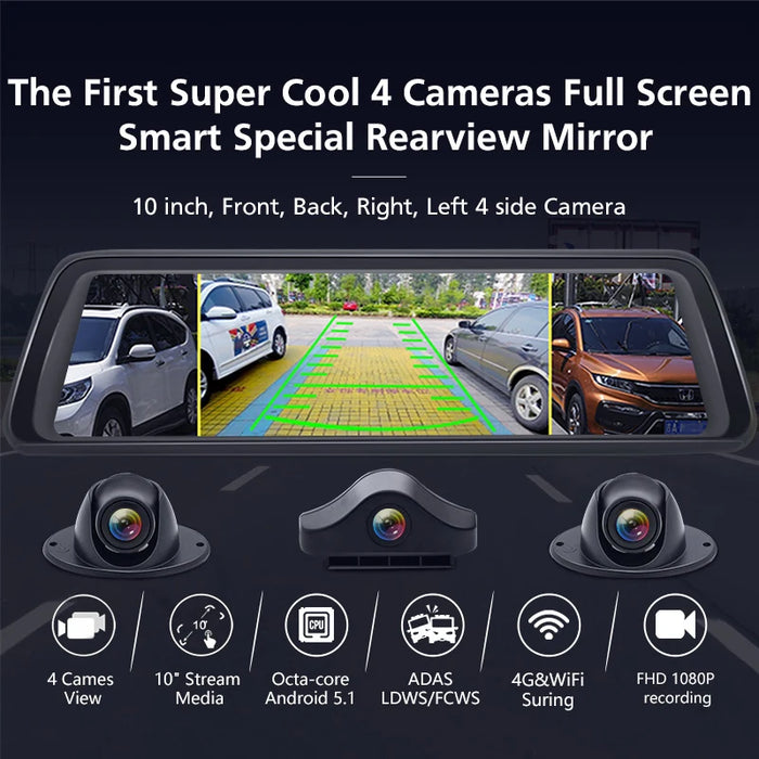 4 Channel Car DVR Media Rearview Mirror 10" 4G Android 8 Core MTK6753 ADAS Full HD 1080P Video Recorder Camera