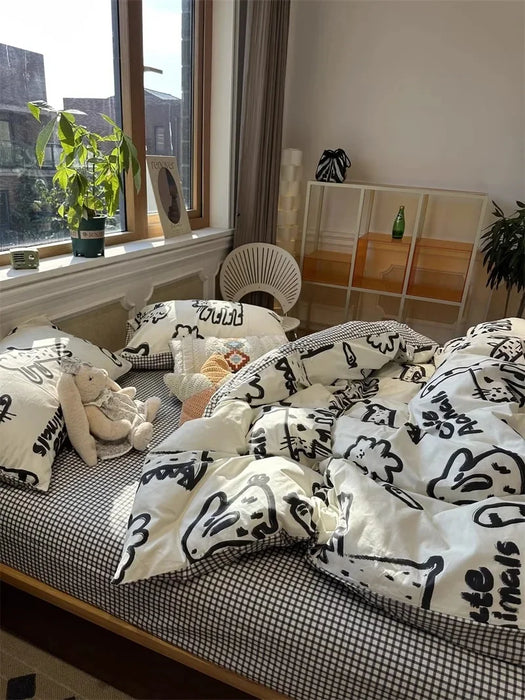 Ins Black and White Graffiti Crocodile Kitten Bed Pure Cotton Duvet Cover Bed Sheet