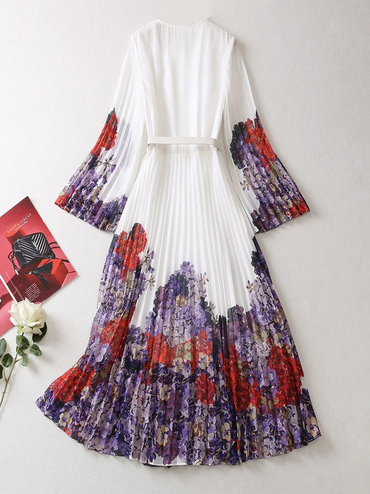 AELESEEN Runway Fashion Long Dress Women Full Flare Sleeve Flower Print Bow Ruffles Elegant Belt Pleated Party Holiday