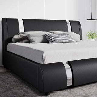 Modern faux leather queen bed frame with adjustable headboard and wrought iron trim, luxuriously upholstered platform bed