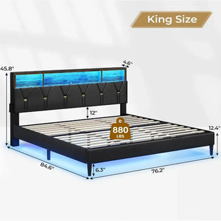 King Size Bed Frame with LED Lights and Headboard Storage, LED Bed Frame King Size with Charging Station, Upholstered Bed Frame