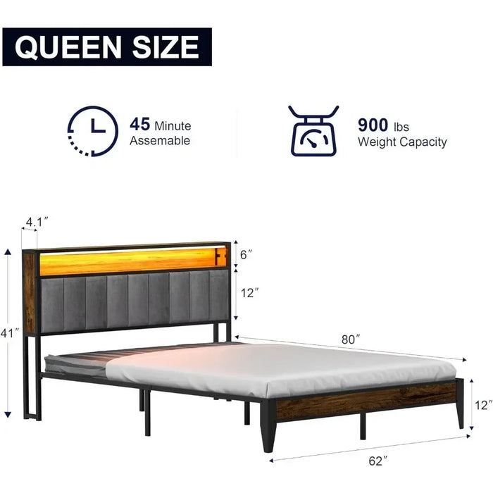 Bed Frame, Headboard with Storage and LED Lights, with 3 Charging Stations, No Box Spring, Easy To Assemble, Bed Frame