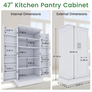 2024 New 47” Kitchen Pantry Cabinet, White Freestanding Buffet Cupboards Sideboard with Doors & Adjustable Shelves
