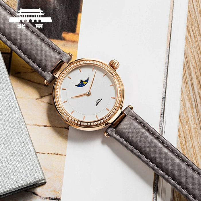 S-Beijing watch women's mechanical watch diamond inlaid leather strap, gift for girlfriend, fashionable women's Watch