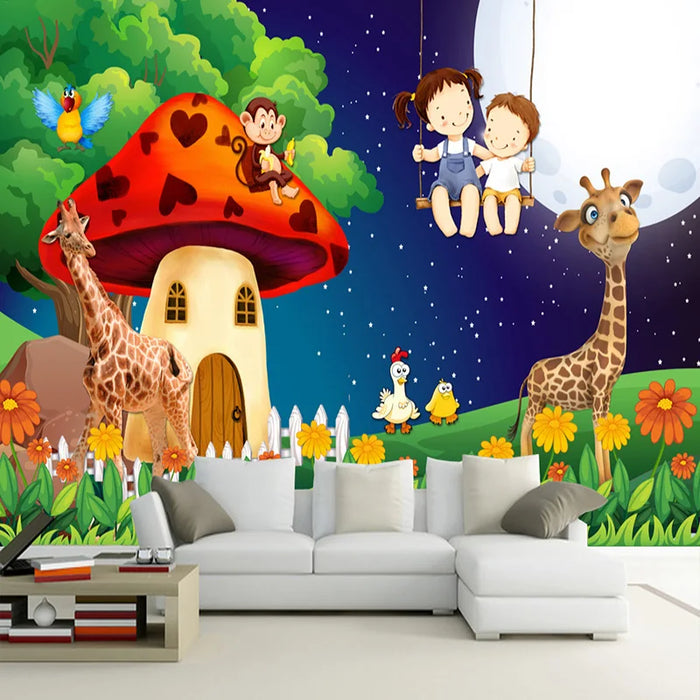 Green Forest Cartoon Mushroom Room Moon Giraffe Large Murals Wallpaper For Kids Room Children Bedroom Wall Decor Mural Animal 3D