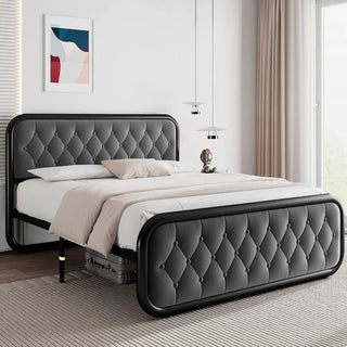 Full Size Metal Bed Frame, Button Tufted Headboard, Heavy Duty Platform Bed Frame, Thickened Metal Steel Slat Support