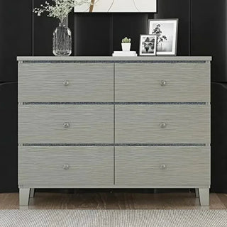 Dresser, Bedroom Wooden Dresser with 6 Drawers Modern Wide Storage Compartment with Round Crystal Handle Dressing Table