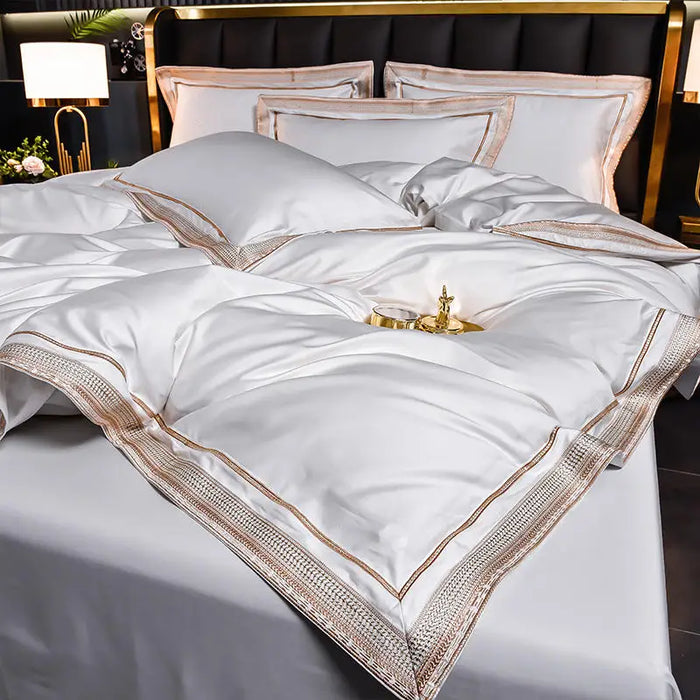 High-end Embroidery Bedding Set Luxury White Egyptian Cotton Soft Duvet Cover Bed Sheet Pillowcases Solid Color Mattress Cover