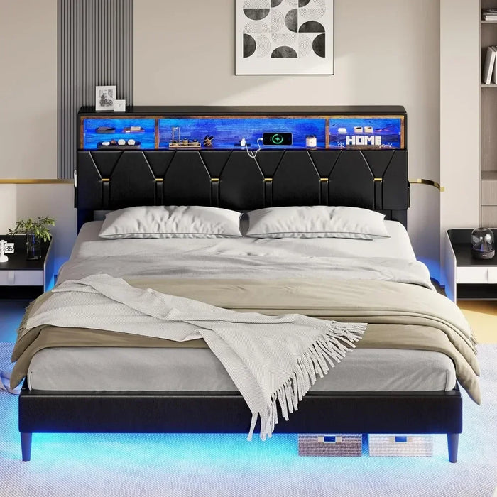 King Size Bed Frame with LED Lights and Headboard Storage, LED Bed Frame King Size with Charging Station, Upholstered Bed Frame