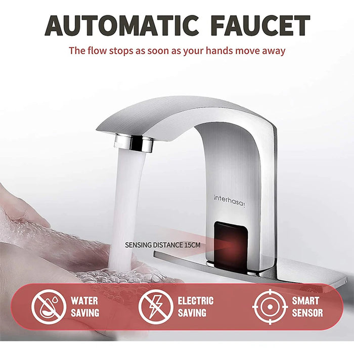 Touchless Bathroom Faucet Chrome Automatic Bathroom Sink Faucet with Hole Cover Plate Hands Free Water Tap with Control Box