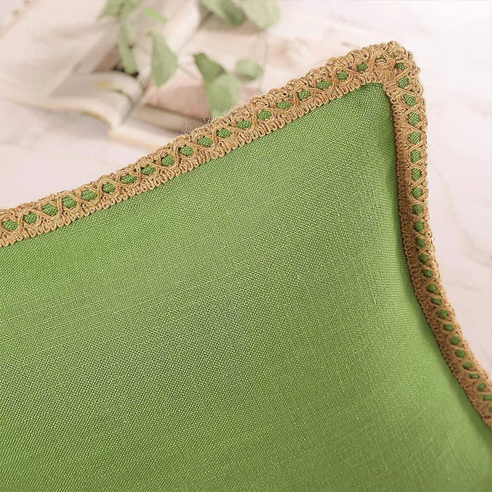 Green Hemp Rope Edging Medium Cotton and Linen Lotus Leaf Hug Pillowcase Living Room Sofa Decorative Linen Frame Cushion Cover