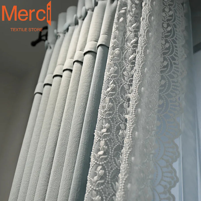 French style Luxury Chenille Velvet Blackout Curtains for Living Dining room Bedroom Korean Princess Style lace Curtain Custom