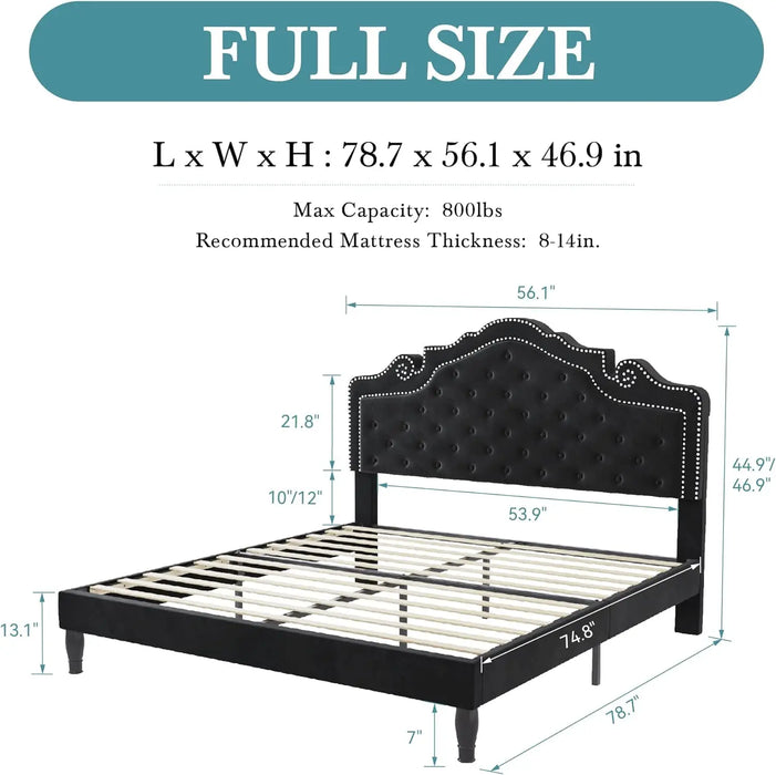 Full Size Bed Frame with Adjustable Velvet Tiara Headboard, Upholstered Button Tufted Platform Bed, Wood Slats Support,Black