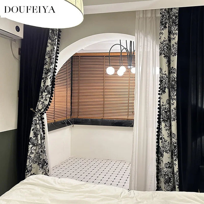 Retro French Luxury Black Velvet Curtains for Living Room Bedroom Patchwork Embroidered Pompon Blackout lace White Tulle Window