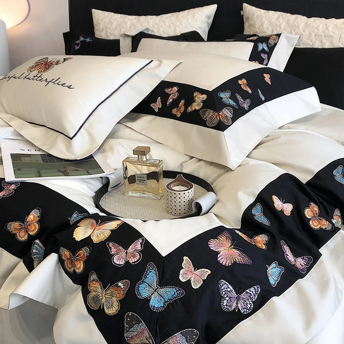 White Egyptian Cotton Bedding Set Luxury 4pcs Colorful Butterfly Embroidery Duvet Cover Bed Sheet Pillowcase Home Textile