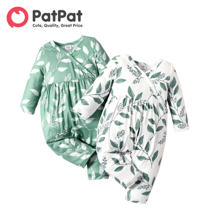 PatPat Overalls Baby Girl Clothes Newborn Romper Infant Newborn Baby Bodysuit Leaves Print Long-sleeve Snap-up Jumpsuit Sets