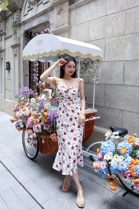 2024 Summer New Women's Wear Elegant and romantic atmosphere, oil painting rose print camisole dress 0516