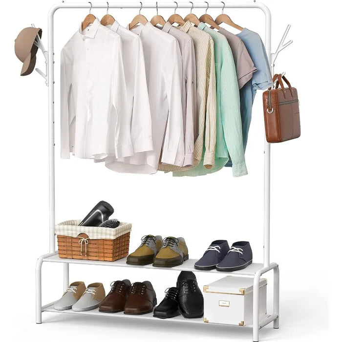 Garment Rack with Storage Shelves and Coat/Hat Hanging Hooks