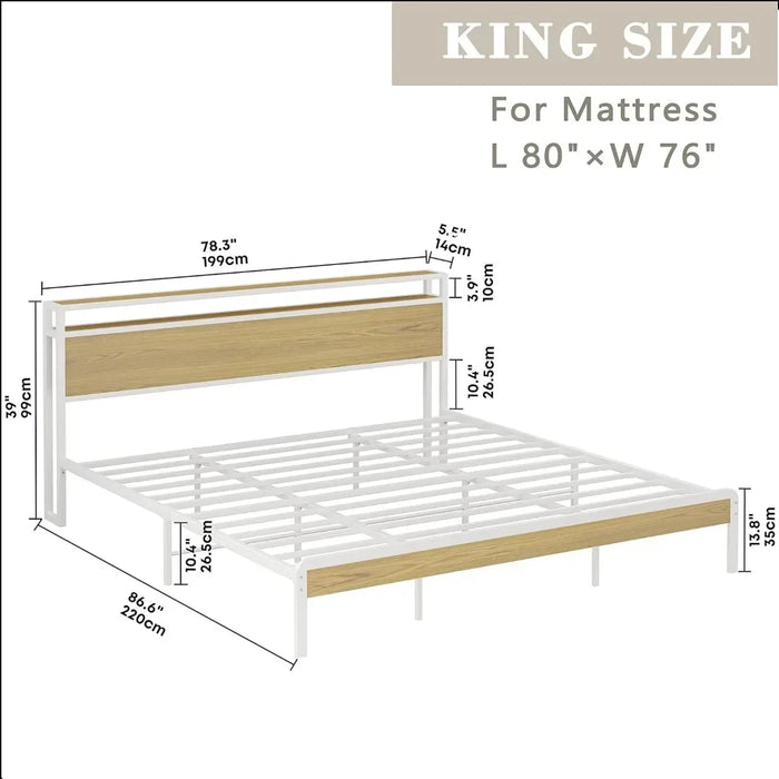 Bedroom furniture king bed frame, platform bed frame with 2 layers storage headboard, sturdy and stable, noiseless,white and log