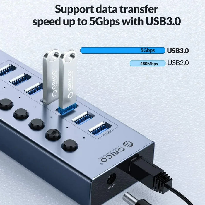 ORICO Powered USB 3.0 HUB 7/10/13/16 Ports Aluminum USB Extension with On/Off Switches Support BC1.2 Charging Splitter For PC