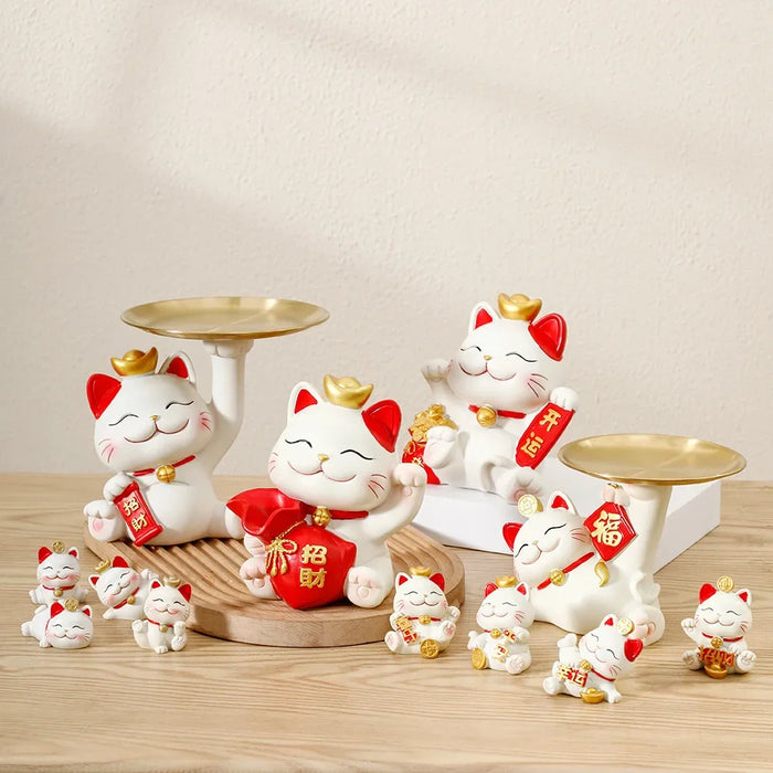 Modern Home Decoration Lucky Cat Tray Cute Cat Figurines Miniature Micro Landscape Crafts Ornaments Key Storage Sculptures Decor