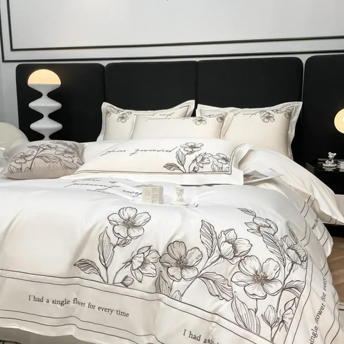 White Bedding Set 100%Cotton 4pcs Black Flower Embroidered Solid Duvet Cover Bedspread Fitted Sheet Pillow Shams Home Textile