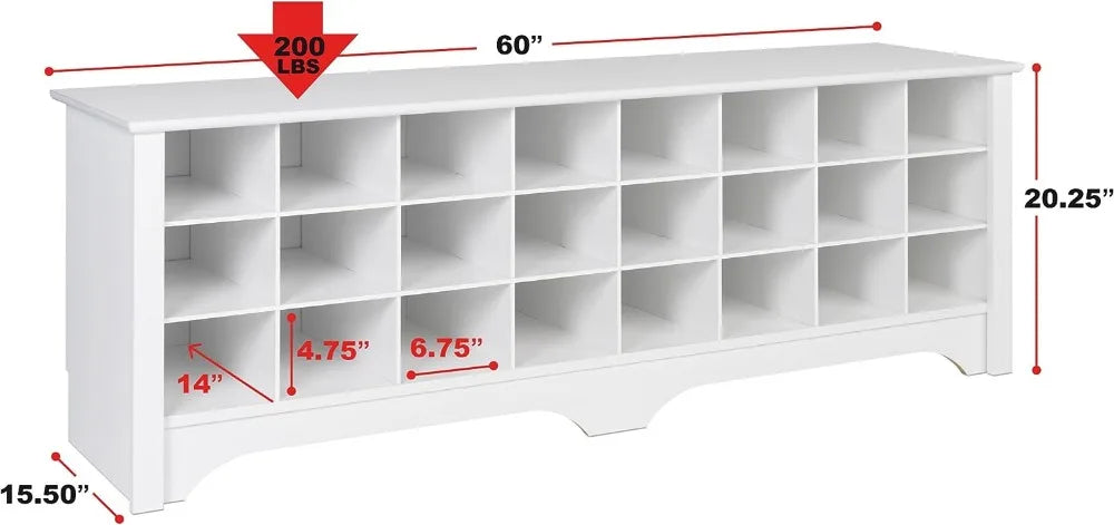 White Hall Bench with Storage and Seating: 24-Shoe Cubby Bench, Ideal White Shoe Rack for Entryway,Or a living room cabinet