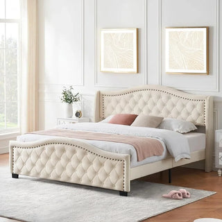 Bedroom furnitureKing size bed frame, padded platform bed with wingback high headboard, no springs, off-white