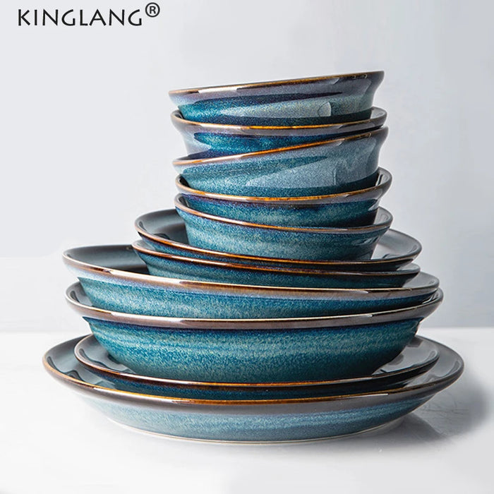 Kinglang 38pcs a Set New Beautiful Ceramic Klin Blue Color Dinnerware Set Wholesale Dinner Plate and Bowl Tableware Set