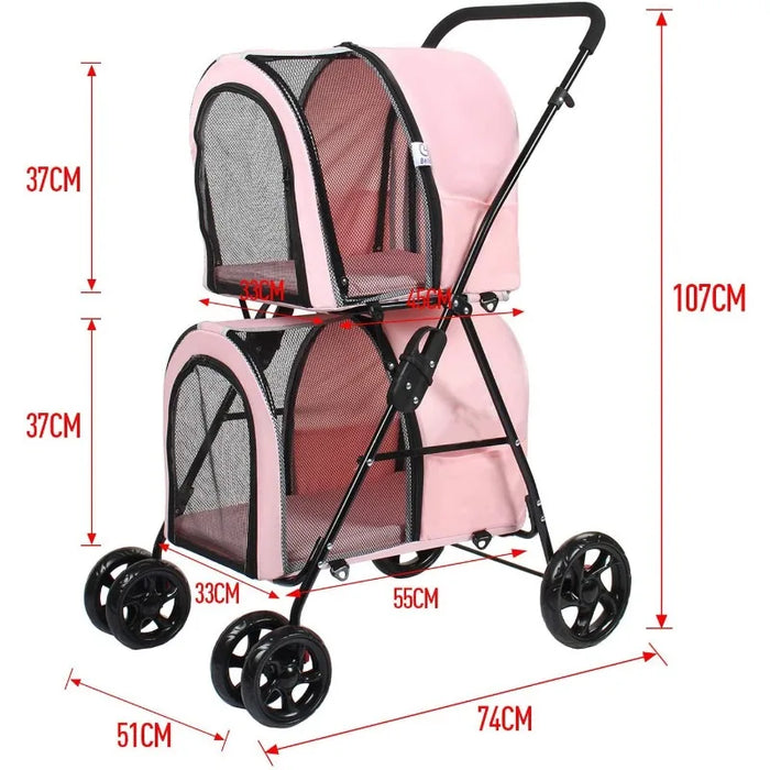 Amazon hot selling easy fold 4 wheels large pet dog stroller double cabin travel carriage