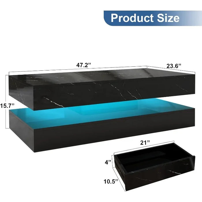 LED Coffee Table with 2 Storage Drawers,Modern High Gloss Black Coffee Table w/20 Color LED Light,2 Tiers Rectangle Center Table