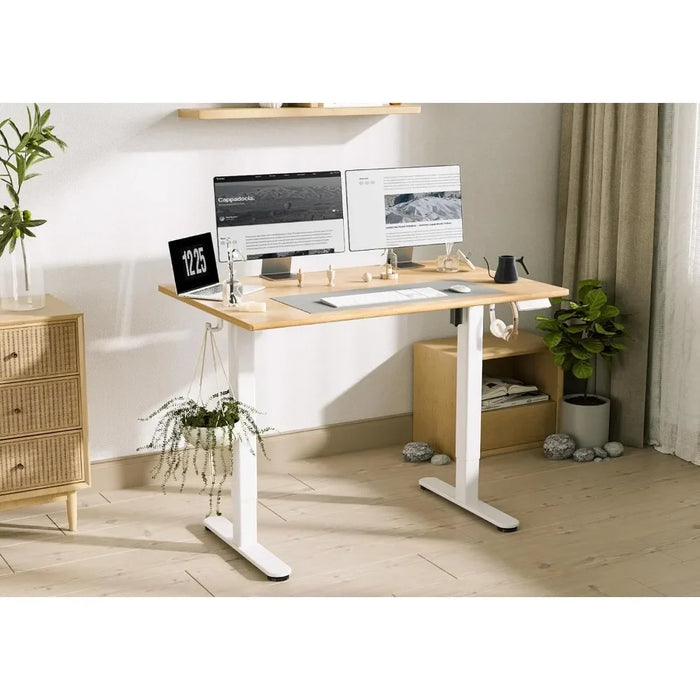 Solid Wood Electric Standing Desk, 48x24 Inches Adjustable Height Stand Up Desk with Whole Piece Desktop, Sit Stand Home，office