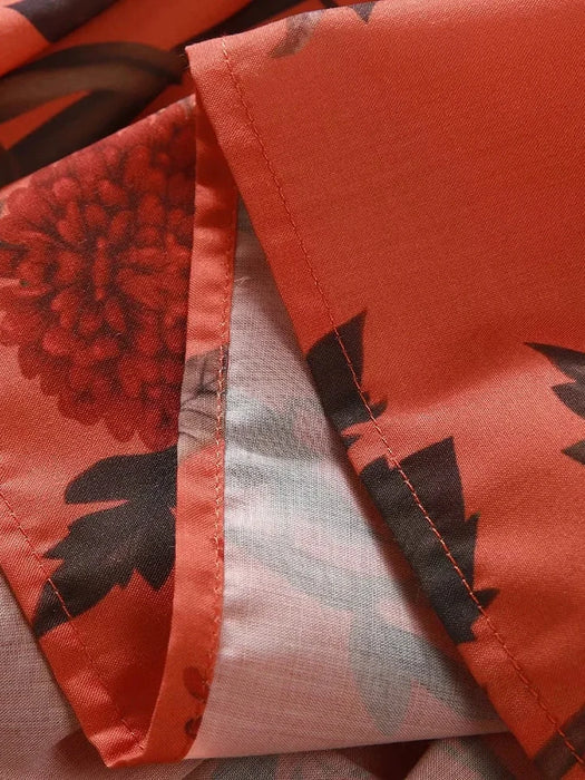 AELESEEN Designer Fashion Long Dress Wome's V-Neck Lantern Sleeve Flower Print Belt Ethnic Retro Vintgae Party Holiday