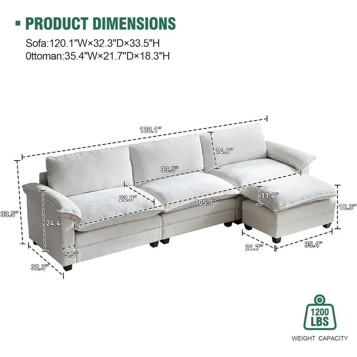 3-Seat Sofa，with Movable Ottoman and 2-Layer Upholstered Seat Cushions, Sleeper Sofa for Living Room, Apartment, Studio, Office