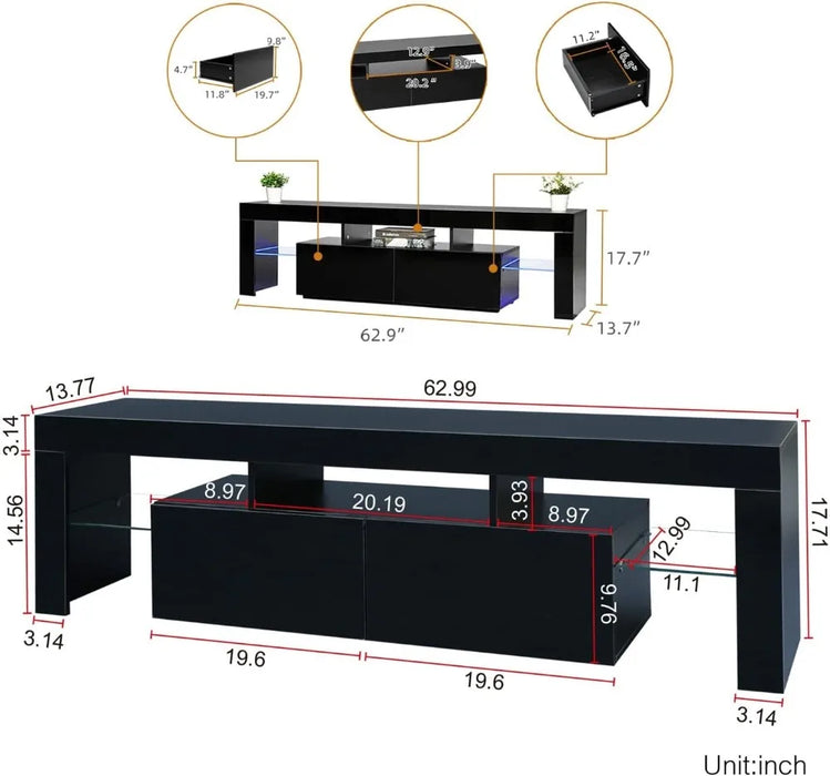 TV Stand,  63  inch Wood TV Stand, Center with Large Drawers＆Glass Display Shelf, LED Modern