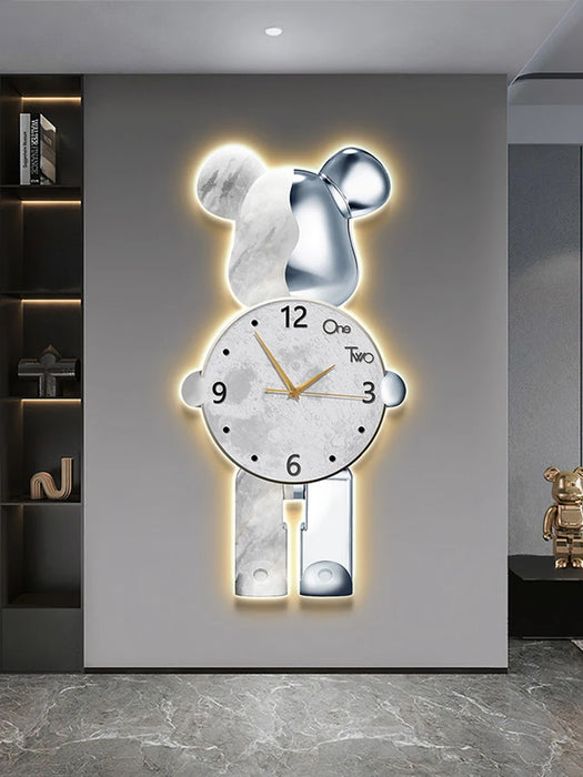 Light Luxury Art Cartoon Bear Clocks, Wall Clock Modern Design, Living Room Decoration, Room Creative Clock Wall Lamp Mute