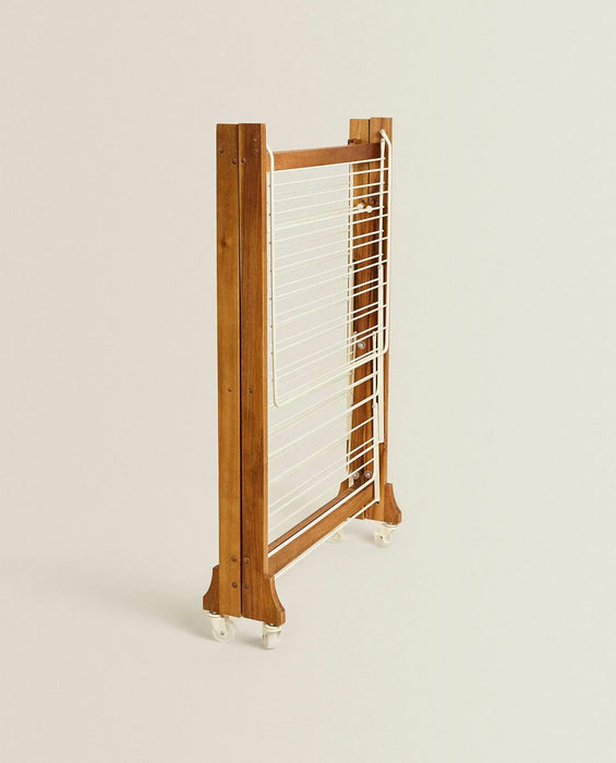 Folding Removable Wooden and Metal Drying Rack with Roller Sliding Towel Rack