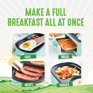 3-in-1 Breakfast Maker Station, Ceramic Nonstick Dual Griddles & Breakfast Sandwiches, 2 Slice Toast Drawer, Turquoise