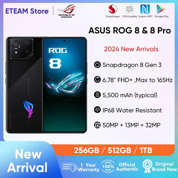 2024 New Arrival ASUS ROG 8 & 8 pro 5G Gaming Phone Snapdragon 8 Gen 3 6.78'' 165Hz AMOLED Screen 5500mAh 65W Fast Charge