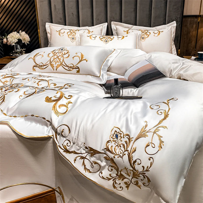 Golden Embroidery Duvet Cover Set King Queen Size 4pcs Luxury White Satin Cotton Bedding Bed Sheet Pillowcases Home Textiles