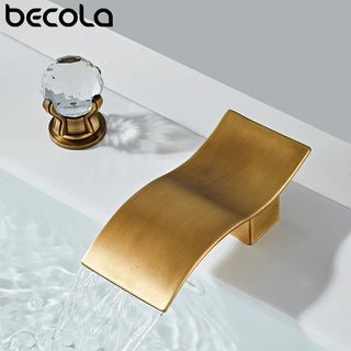Three Holes Solid Brass Bathroom Sink Wash Basin 2 Handles Waterfall Faucet Golden Plated Bathtub Mixer Tap Faucet Deck Mounted