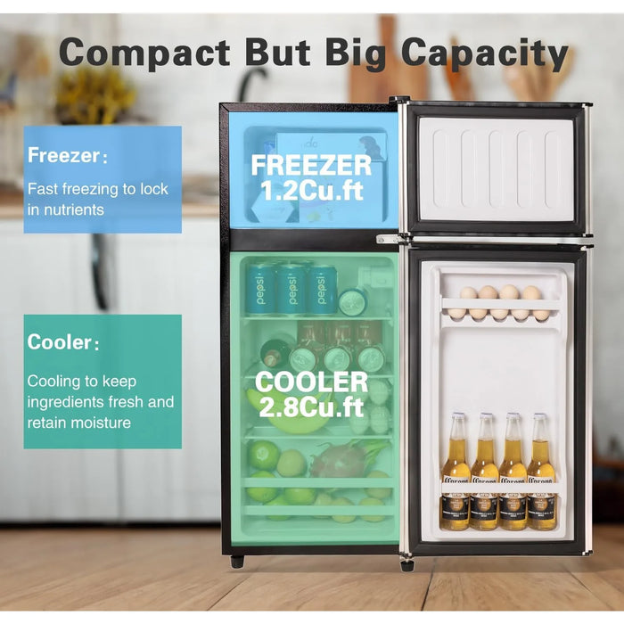 Compact Refrigerator 4.0 Cu Ft 2 Door Mini Fridge w/ Freezer For Apartment, Dorm, Office, Family, Basement, Garage, Silver