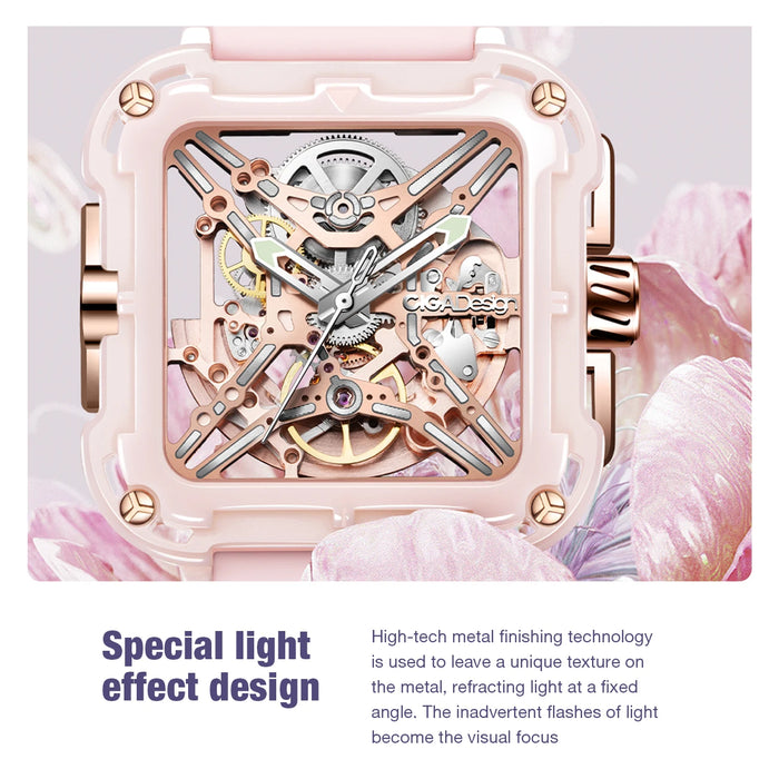 CIGA Design X Series Pink Ceramic Automatic Watch for Women 2024 Fashion Skeleton Mechanical Wrist Watches Soft Silicone Strap