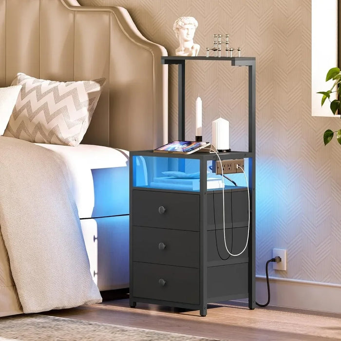 Nightstand with Charging Station and LED Lights, Modern End Table with Fabric Drawers, 39.3'' Tall LED Nightstand