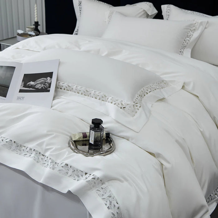 Pure White Egyptian Cotton Bedding Set Luxury Hollow Out Embroidery Duvet Cover Bed Sheets Pillowcases High-end Hotel Bed Set