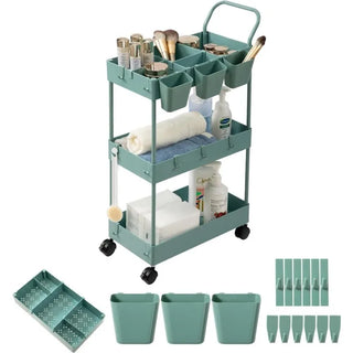 Storage Cart on Wheels, Bathroom Organizer Slim Laundry Cart Narrow Shelf Cart with Wheels Dividers Hanging Cups Hooks