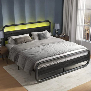 king size bed frame,Metal king bed frame, With LED headboard and footboard, With under bed storage space, No box spring required